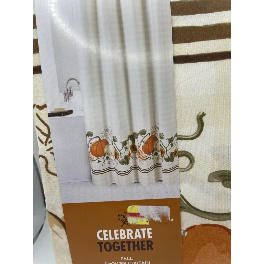 Celebrate Fall Together Pumpkin Leaves Fabric Shower Curtain 70x70 NIP